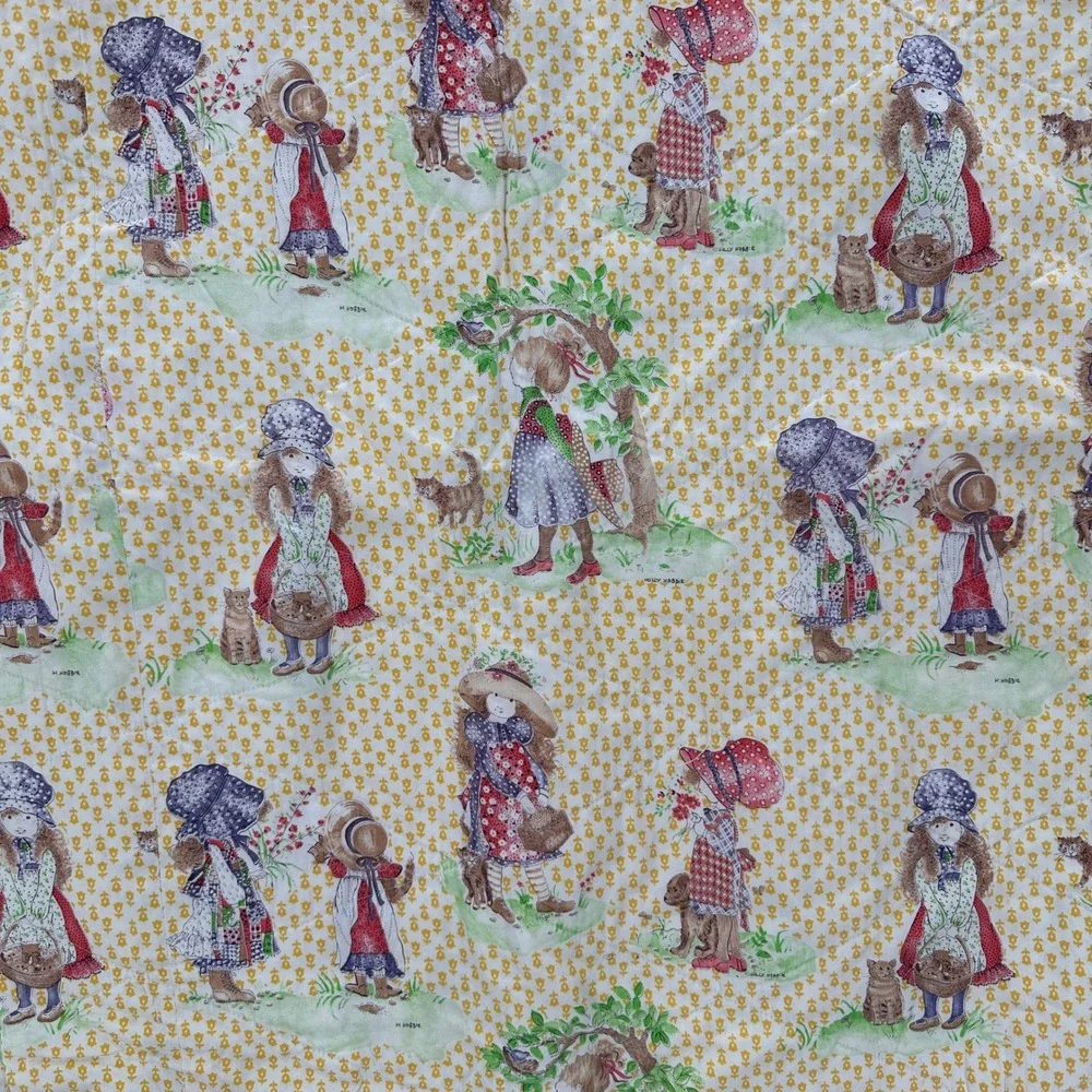 Vintage Holly Hobbie Fabric Quilt Twin‎ Children Playing Yellow Floral Pattern